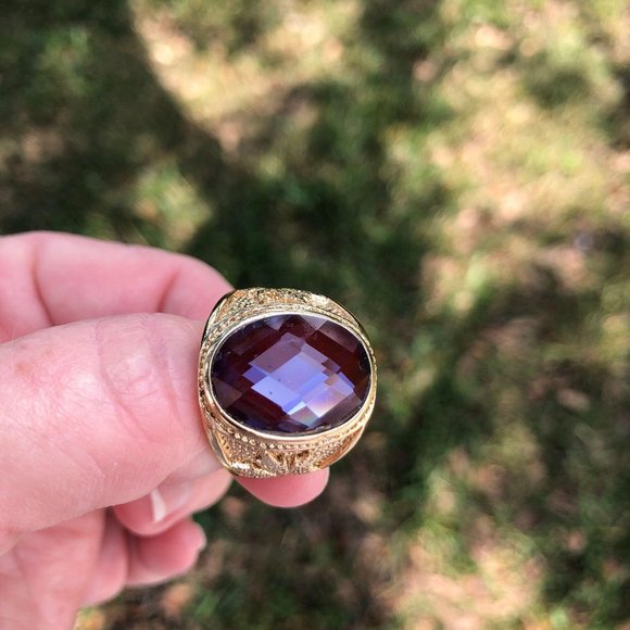 Gold Plated Mens Ring Size 10 Faceted Glass Caboch - Picture 10 of 10